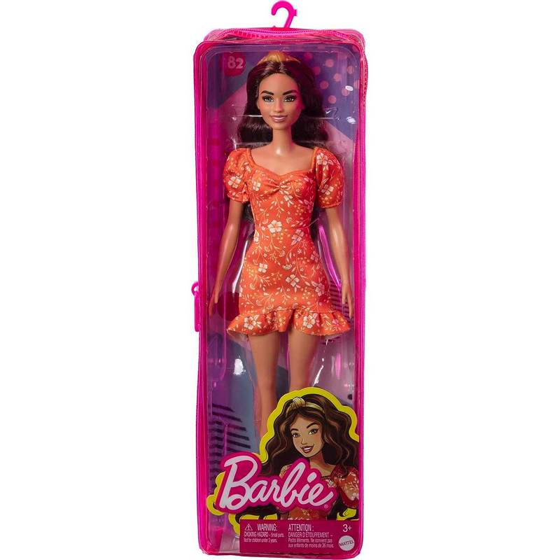 Barbie Fashionistas Doll Long Wavy Brunette Hair, Headband, Orange Floral Print Dress with Ruffle Details & Heels, Toy for Kids Girls 3-12 Years