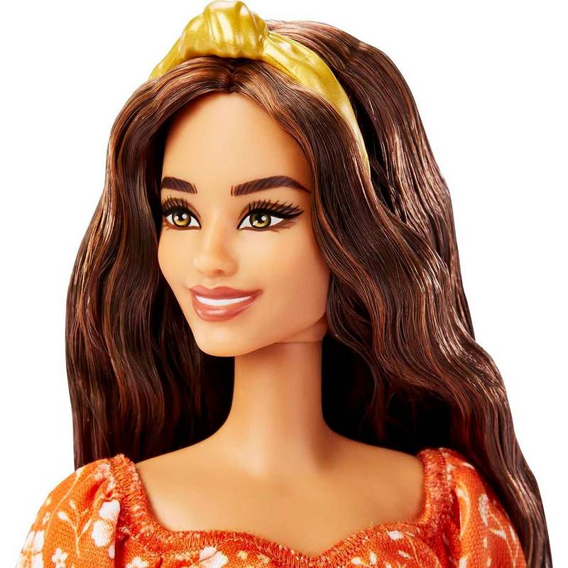Barbie Fashionistas Doll Long Wavy Brunette Hair, Headband, Orange Floral Print Dress with Ruffle Details & Heels, Toy for Kids Girls 3-12 Years