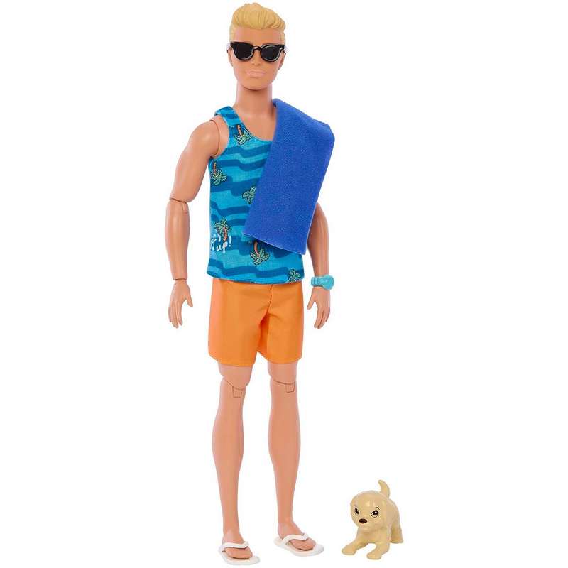 Barbie Ken Doll with Surfboard &Pet Puppy,Poseable Blonde Ken Beach Doll with Themed Accessories Like Towel Kids 3-12 Years