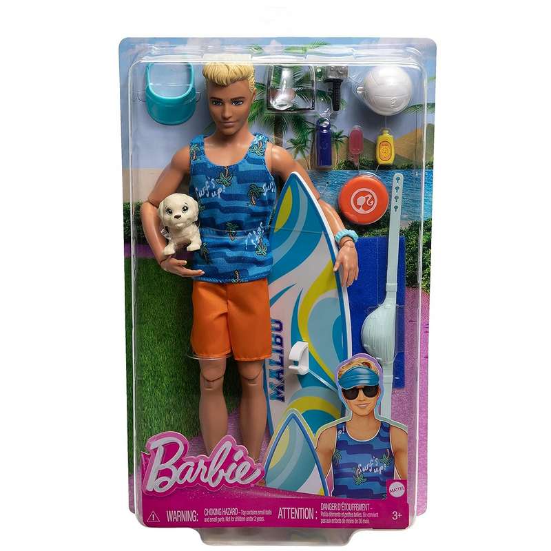 Barbie Ken Doll with Surfboard &Pet Puppy,Poseable Blonde Ken Beach Doll with Themed Accessories Like Towel Kids 3-12 Years