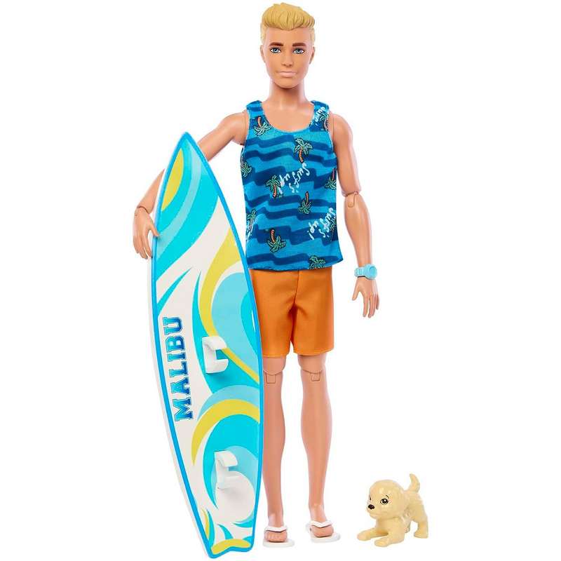 Barbie Ken Doll with Surfboard &Pet Puppy,Poseable Blonde Ken Beach ...