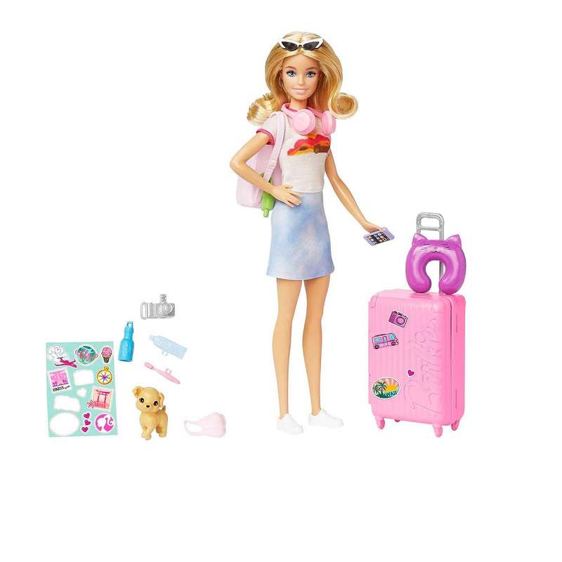 Barbie Doll and Accessories, “Malibu” Travel Set with Puppy and 10+ Pieces Including Working Suitcase? For Kids Girls 3-12 Years