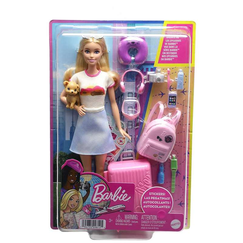 Barbie Doll and Accessories, “Malibu” Travel Set with Puppy and 10+ Pieces Including Working Suitcase? For Kids Girls 3-12 Years
