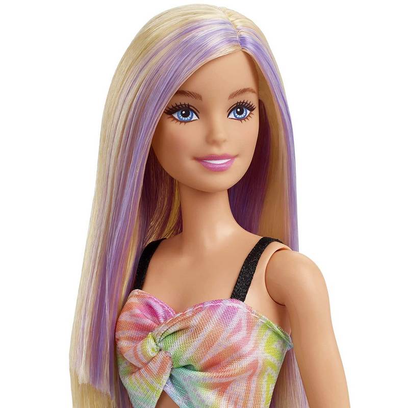 Barbie Fashionistas Doll #190 Blonde Hair with Purple Streaks, Romper Dress, Yellow Wedge Sneakers, Bracelet, Toy for Kids Girls 3-12 Years