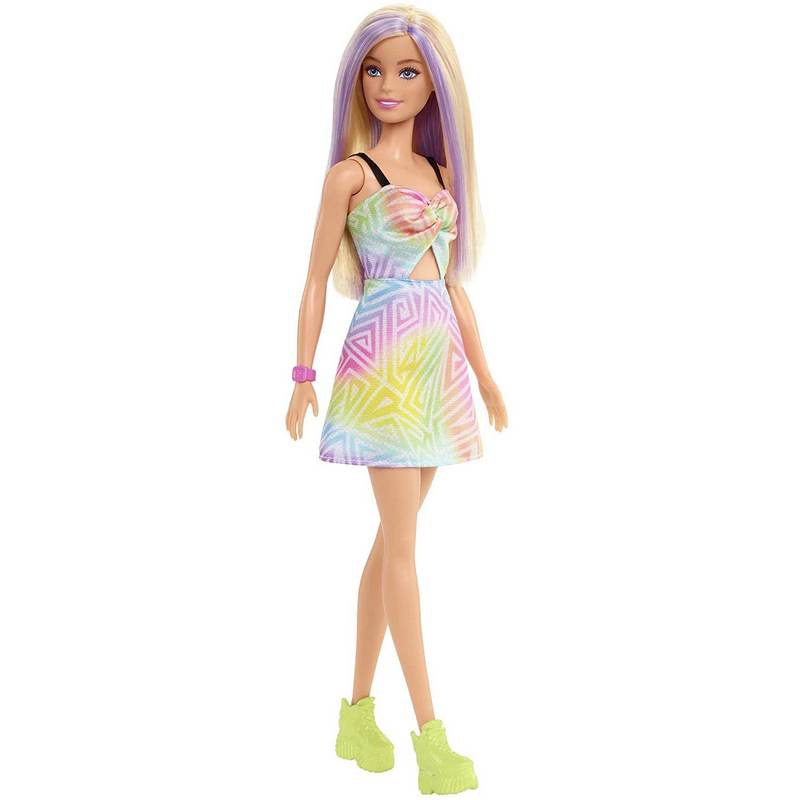 Barbie Fashionistas Doll #190 Blonde Hair with Purple Streaks, Romper Dress, Yellow Wedge Sneakers, Bracelet, Toy for Kids Girls 3-12 Years
