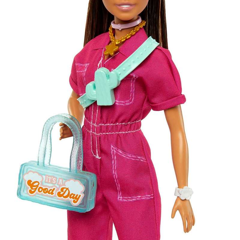 Barbie® Doll in Trendy Pink Jumpsuit with Storytelling Accessories and Pet Puppy, Brown Hair in High Ponytail for Kids Girls 3-12 Years