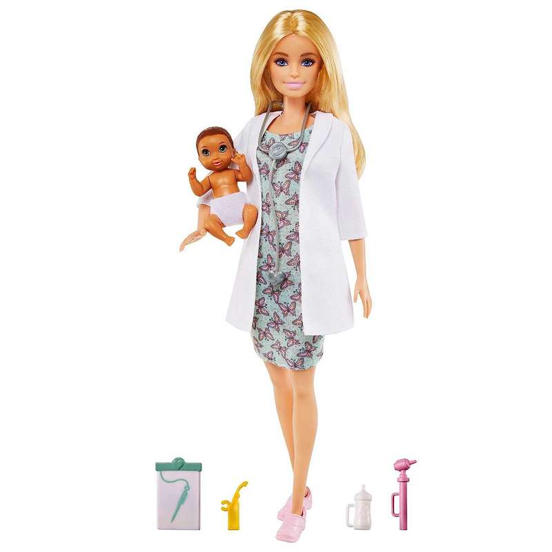 Barbie Baby Doctor Playset with Blonde Doll (12-In/30.40-Cm), Infant Doll, Stethoscope, Thermometer, Oscilloscope, Chart, Blanket & Baby Bottle, Great Gift for Kids Girls 3-12 Years