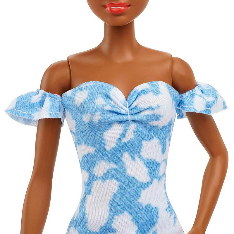 Barbie Fashionistas Doll #185, Black Up-do Hair, Off-Shoulder Bleached Denim Dress, Orange Bandana, White Boots, Toy for Kids Girls 3-12 Years