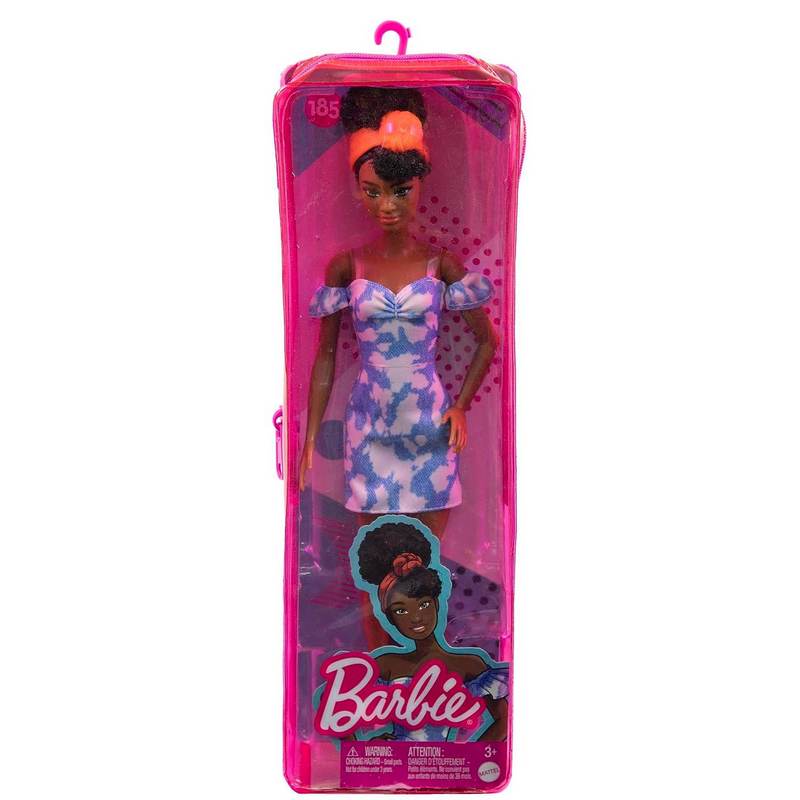 Barbie Fashionistas Doll #185, Black Up-do Hair, Off-Shoulder Bleached Denim Dress, Orange Bandana, White Boots, Toy for Kids Girls 3-12 Years