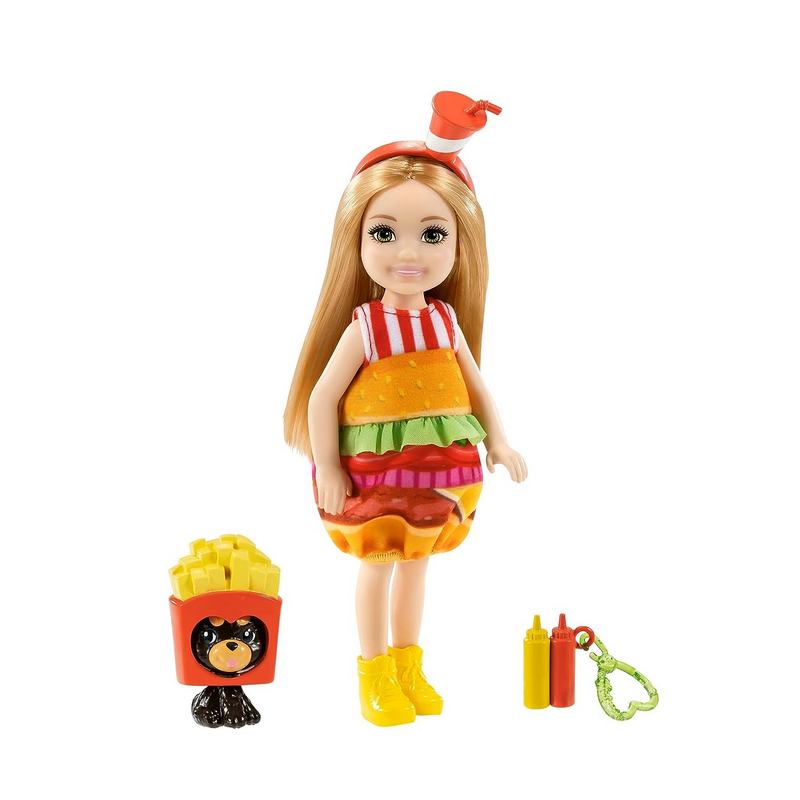 Barbie® Club Chelsea™ Dress-Up Doll (6-inch Blonde) in Burger Costume with Pet and Accessories for Girls 3-12 Years