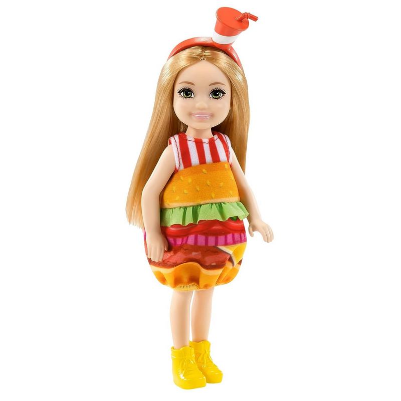 Barbie® Club Chelsea™ Dress-Up Doll (6-inch Blonde) in Burger Costume with Pet and Accessories for Girls 3-12 Years
