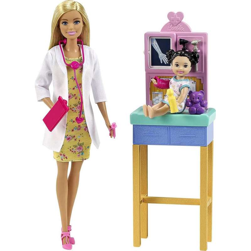 Barbie Pediatrician Playset, Blonde Doll (12-in/30.40-cm), Exam Table, X-ray, Stethoscope, Tool, Clip Board, Patient Doll, Teddy Bear, Great Gift for Kids Girls 3-12 Years
