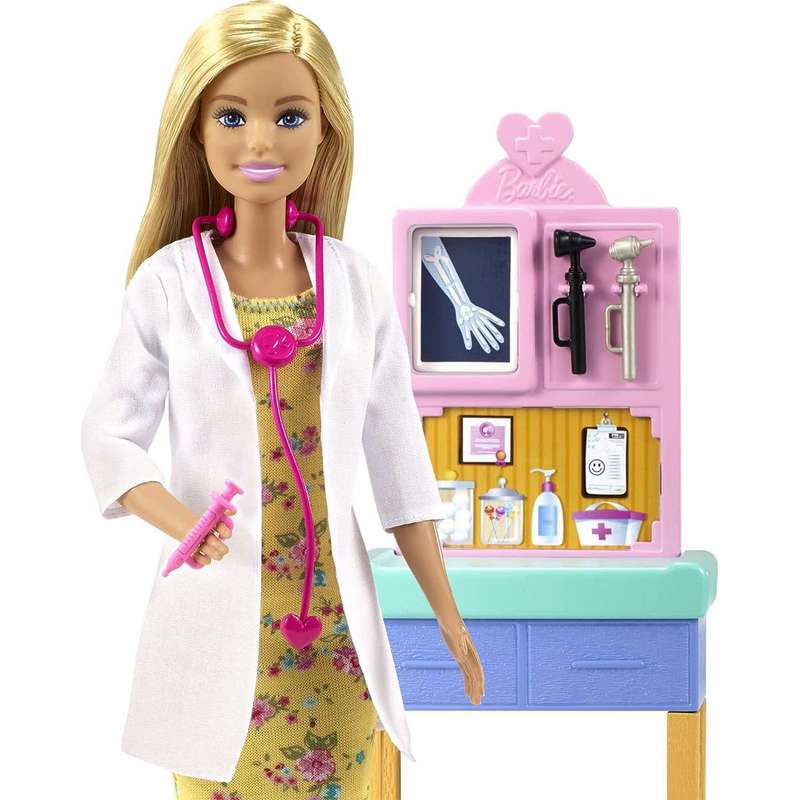 Barbie Pediatrician Playset, Blonde Doll (12-in/30.40-cm), Exam Table, X-ray, Stethoscope, Tool, Clip Board, Patient Doll, Teddy Bear, Great Gift for Kids Girls 3-12 Years