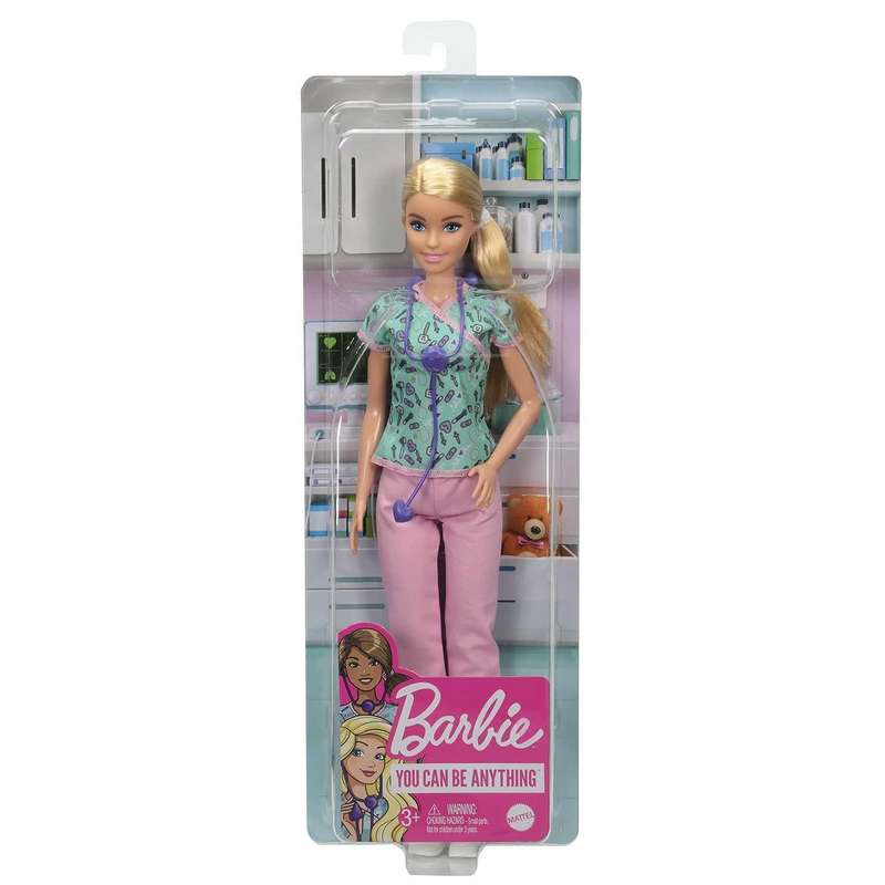 Barbie Nurse Blonde Doll (12-in/30.40-cm) with Scrubs Featuring a Medical Tool Print Top & Pink Pants, White Shoes & Stethoscope Accessory, Great Gift for Kids Girls 3-12 Years