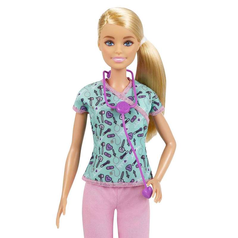 Barbie Nurse Blonde Doll (12-in/30.40-cm) with Scrubs Featuring a Medical Tool Print Top & Pink Pants, White Shoes & Stethoscope Accessory, Great Gift for Kids Girls 3-12 Years