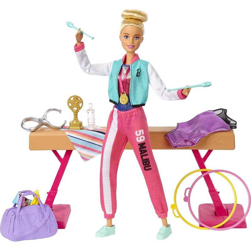 Barbie Gymnastics Playset withDoll,Balance Beam,15+Accessories 2Rings,Spinning Clip,2 Batons,Extraleotard,Awarmup Suit,Extrashoes,Towel,Snacks,Gymbag,Trop for Kids 3-12 Years