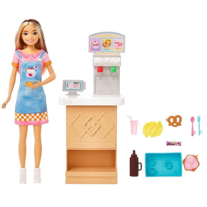 Barbie Toys, Skipper Doll & Snack Bar Playset with Counter, Color-Change Sundae & 8 Additional Accessories, First Jobs For Kids Girls 3-12 Years