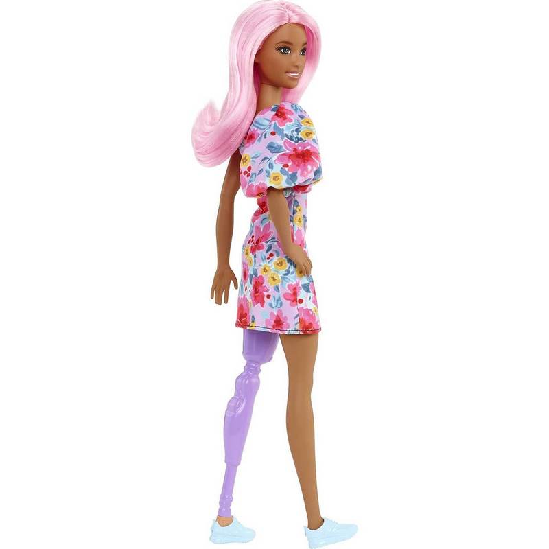 Barbie Fashionistas Doll #189, Pink Hair, Off-Shoulder Floral Dress, Sunglasses, Prosthetic Leg, Sneakers, Toy for Kids Girls 3-12 Years