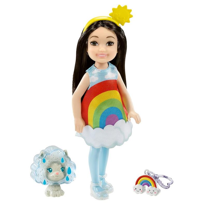 Barbie® Club Chelsea™ Dress-Up Doll (6-inch Brunette) in Rainbow Costume with Pet and Accessories, for Kid girls 3-12 Years