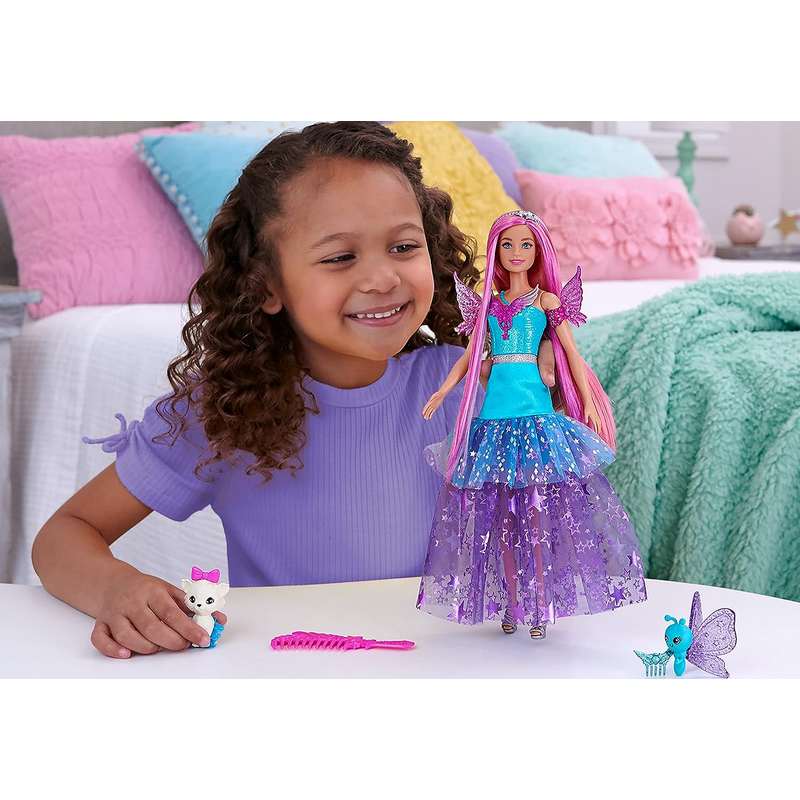 Barbie Doll with Two Fairytale Pets and Wing-Detailed Dress, Malibu” Doll from A Touch of Magic 7-inch Long Fantasy Hair For Girls 3-12 Years