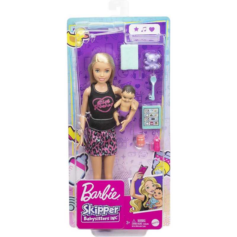 Barbie Skipper Babysitters Inc. Doll & Accessories Set with 9-in / 22.86-cm Blonde Doll, Baby Doll & 4 Storytelling Pieces for Kids Girls 3-12 Years