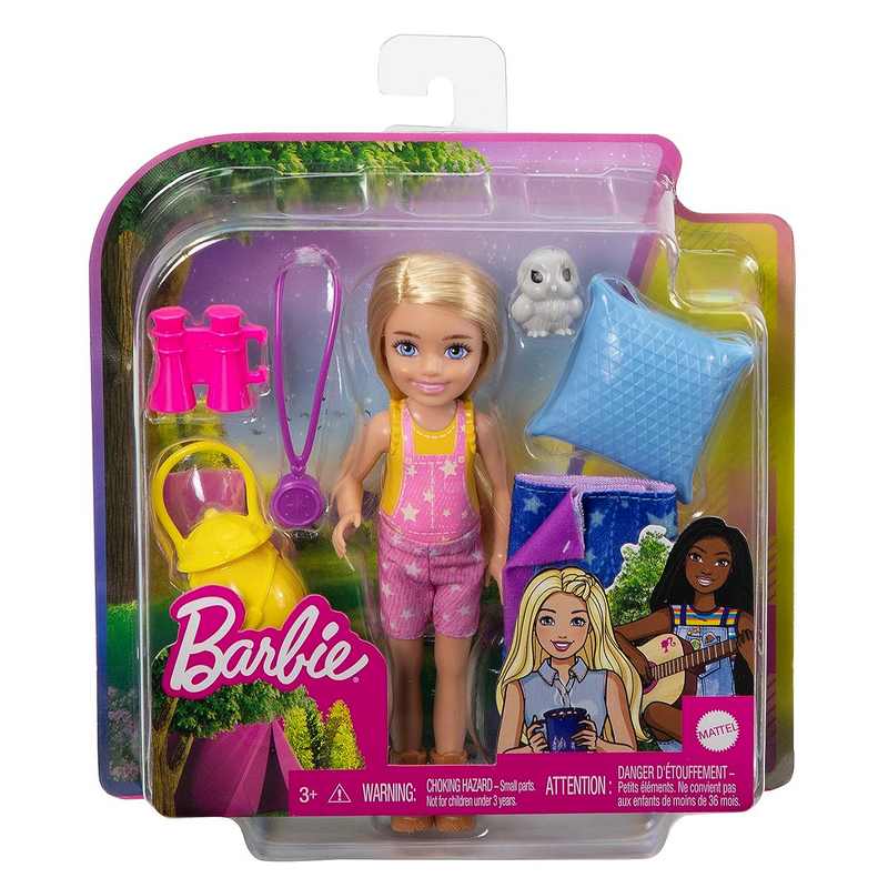 Barbie It Takes Two Camping Playset with Chelsea Doll (6 in, Blonde), Pet Owl, Sleeping Bag, Binoculars & Camping Accessories, Gift for Kids Girls 3-12 Years
