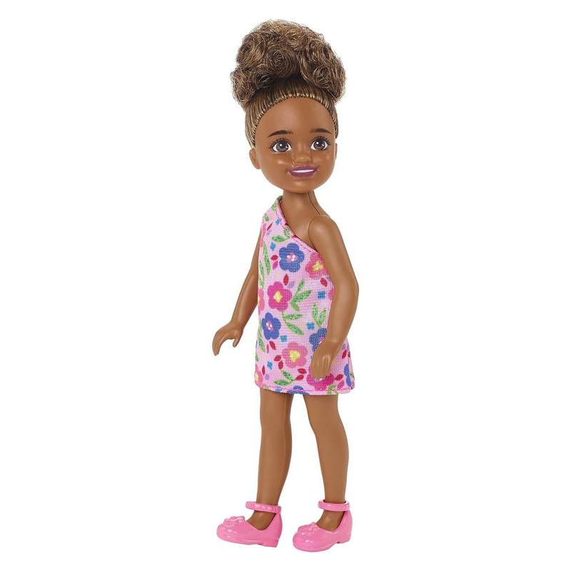 Barbie Chelsea Doll (Brunette Curly Hair) Wearing One-Shoulder Flower-Print Dress and Pink Shoes, Toy for Kids Girls 3-12 Years