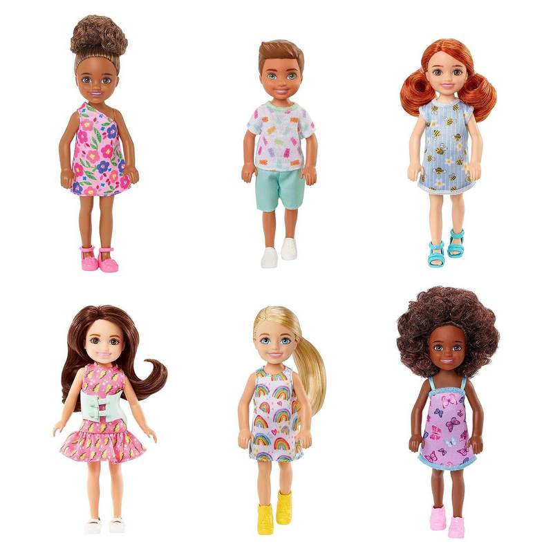 Barbie Chelsea Doll (Brunette Curly Hair) Wearing One-Shoulder Flower-Print Dress and Pink Shoes, Toy for Kids Girls 3-12 Years