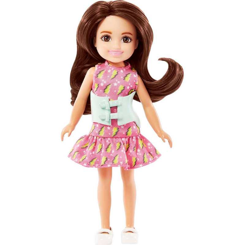 Barbie Toys, Chelsea Doll, 6-Inch Small Doll with Brace for Scoliosis Spine Curvature, Brunette Wearing Pink Lightning Bolt Dress For Kids Girls 3-12 Years