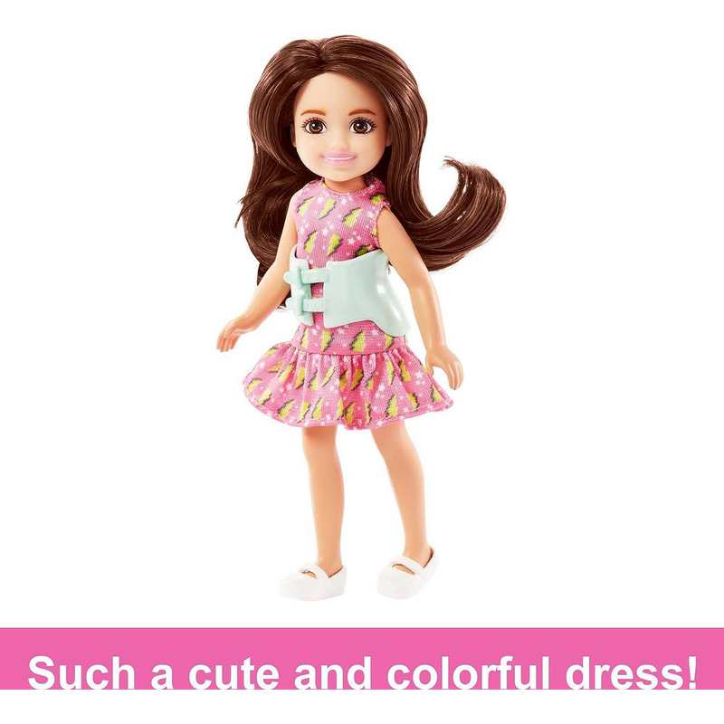 Barbie Toys, Chelsea Doll, 6-Inch Small Doll with Brace for Scoliosis Spine Curvature, Brunette Wearing Pink Lightning Bolt Dress For Kids Girls 3-12 Years