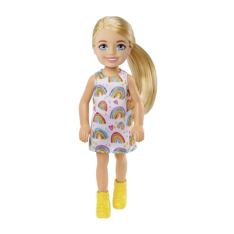 Barbie Chelsea Doll (Blonde) Wearing Rainbow-Print Dress and Yellow Shoes, Toy for Kids Girls 3-12 Years