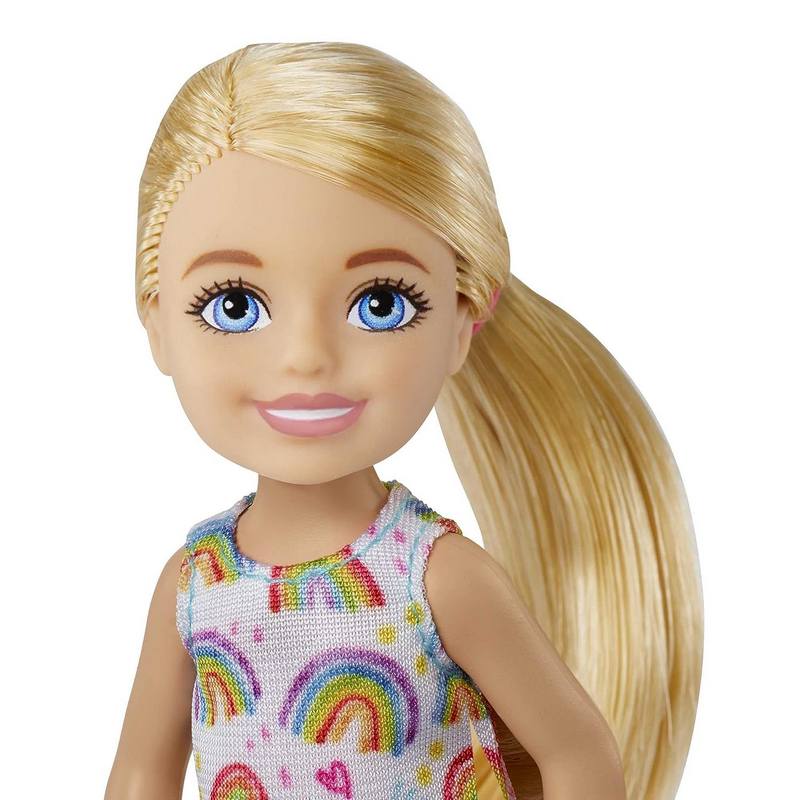 Barbie Chelsea Doll (Blonde) Wearing Rainbow-Print Dress and Yellow Shoes, Toy for Kids Girls 3-12 Years