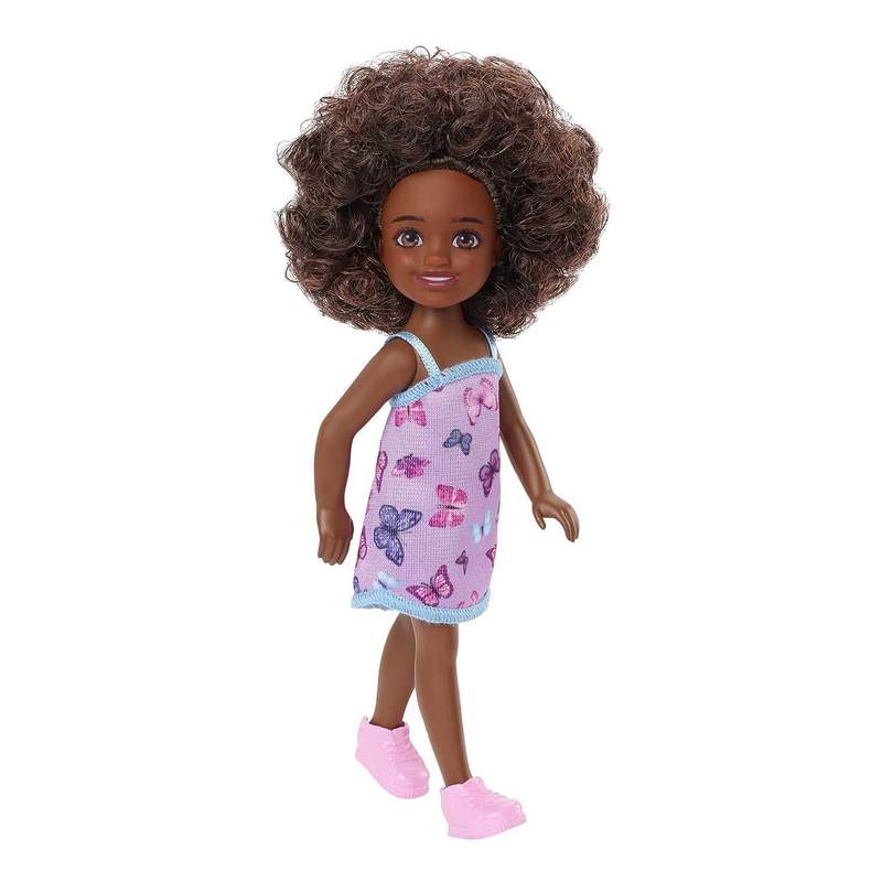 Barbie Chelsea Doll (Curly Brunette Hair) Wearing Butterfly-Print Dress and Pink Shoes, Toy for Kids Girls 3-12 Years