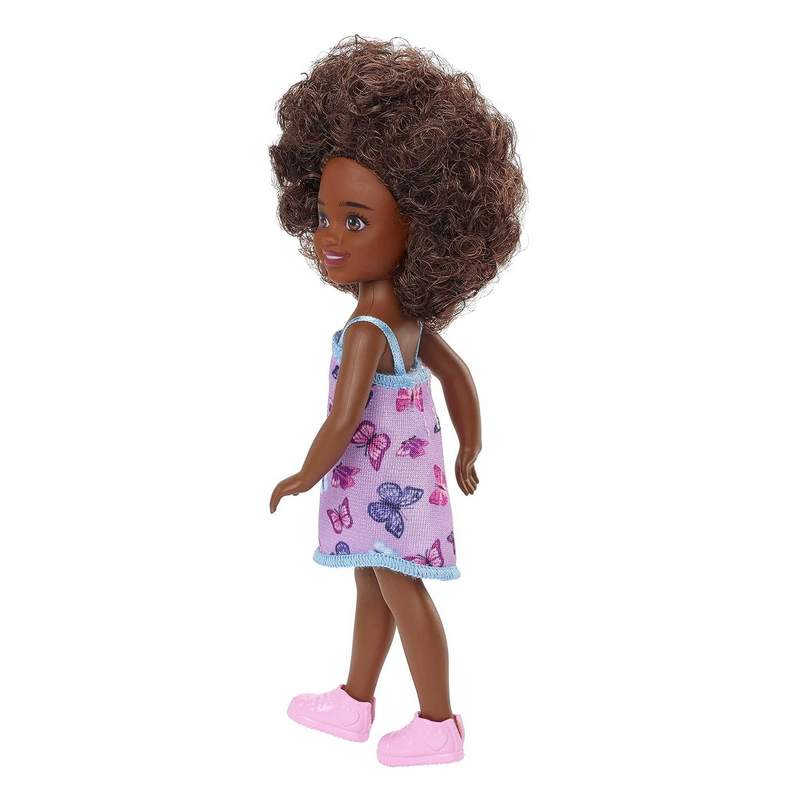 Barbie Chelsea Doll (Curly Brunette Hair) Wearing Butterfly-Print Dress and Pink Shoes, Toy for Kids Girls 3-12 Years