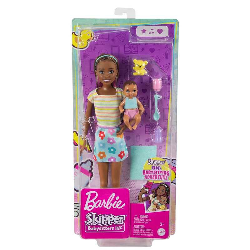 Barbie Dolls and Accessories, Brunette Skipper Doll with Baby Figure and 5 Accessories, Babysitters Inc.Playset For Kids Girls 3-12 Years