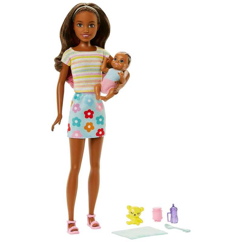 Barbie Dolls and Accessories, Brunette Skipper Doll with Baby Figure and 5 Accessories, Babysitters Inc.Playset For Kids Girls 3-12 Years