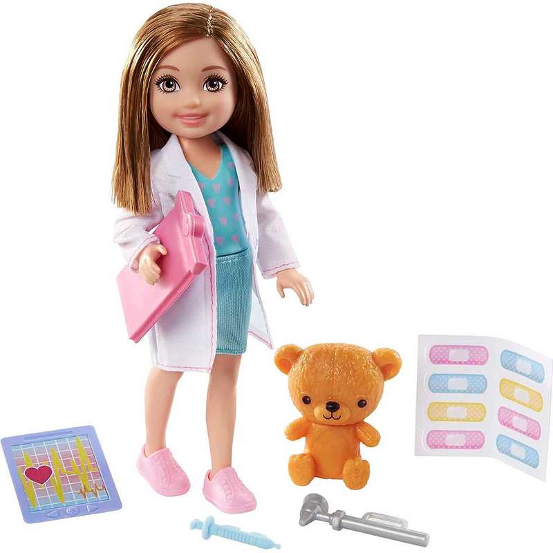 Barbie Chelsea Can Be Playset with Brunette Chelsea Doctor Doll (6-in/15.24-cm), Clipboard, EKG Reader, Band-aid Stickers,2 Medical Tools, Teddy Bear, Great Gift for Kids 3-12 Years