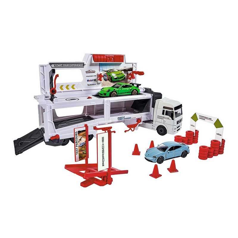Majorette Man Tgx Truck Porsche Experience Fold-Out Racing Transporter, 27 Cm Long, Includes Porsche Taycan Turbo S And Porsche 911 Gt3 For Kids 3-12 Years