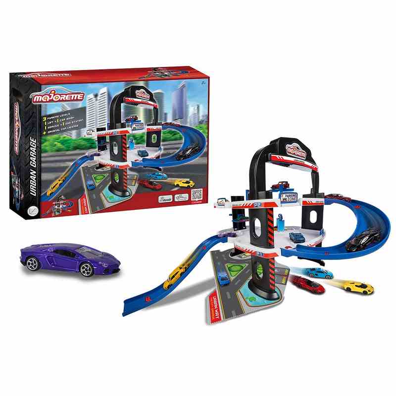 Majorette Urban Garage with Lift, Car Wash, Garage and Petrol Station, 5 Die Cast Vehicle with Rotating Wheels for Kids 3-12 Years