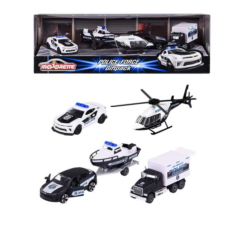 Majorette Police Force Gift Set Toy Vehicles, Die Cast Metal, Movable Parts, 7.5 cm Long Police Car Set of 5- Black and White For Kids 5-12 Years