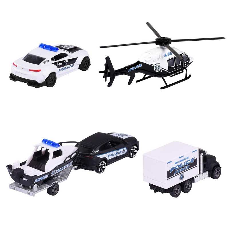 Majorette Police Force Gift Set Toy Vehicles, Die Cast Metal, Movable Parts, 7.5 cm Long Police Car Set of 5- Black and White For Kids 5-12 Years