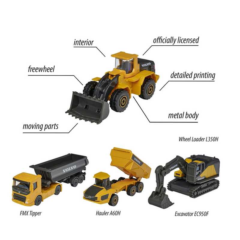 Majorette Volvo Construction Vehicle Toy– Excavator, Wheel Loader, Dump Truck, Articulated Hauler, Die Cast Metal Toy Vehicles Set of 4 For Kids 5-12 Years