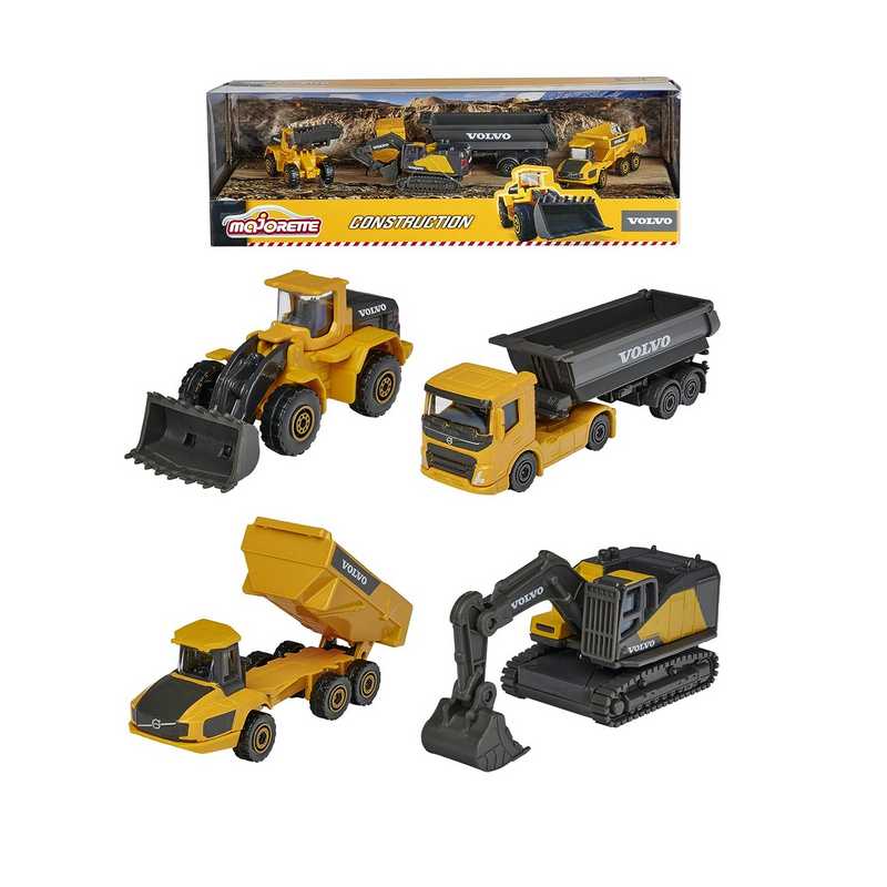 Majorette Volvo Construction Vehicle Toy– Excavator, Wheel Loader, Dump Truck, Articulated Hauler, Die Cast Metal Toy Vehicles Set of 4 For Kids 5-12 Years