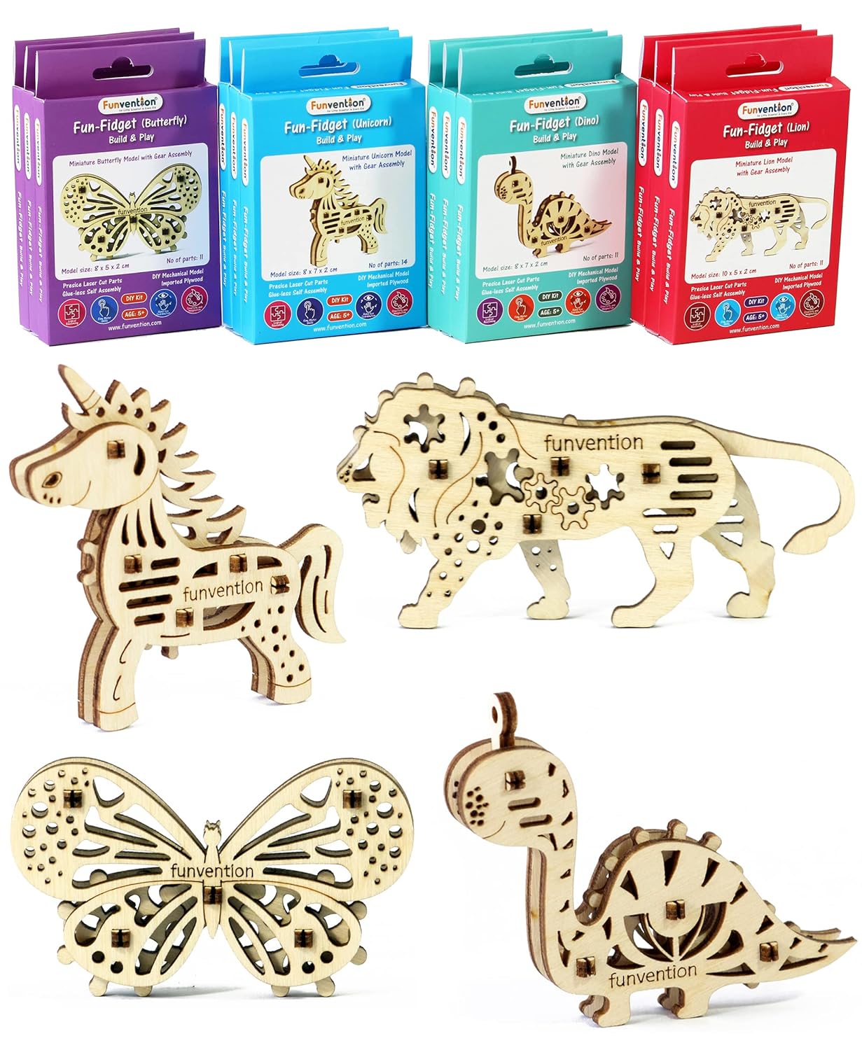 Funvention- for Little Scientist in Every Kid Fun Fidgets Jungle Lion; Unicorn; Dino and Butterfly 3 x 4 DIY Miniature Mechanical Models - Pack of 12, STEM Learning Kit, Birthday Return Gifts