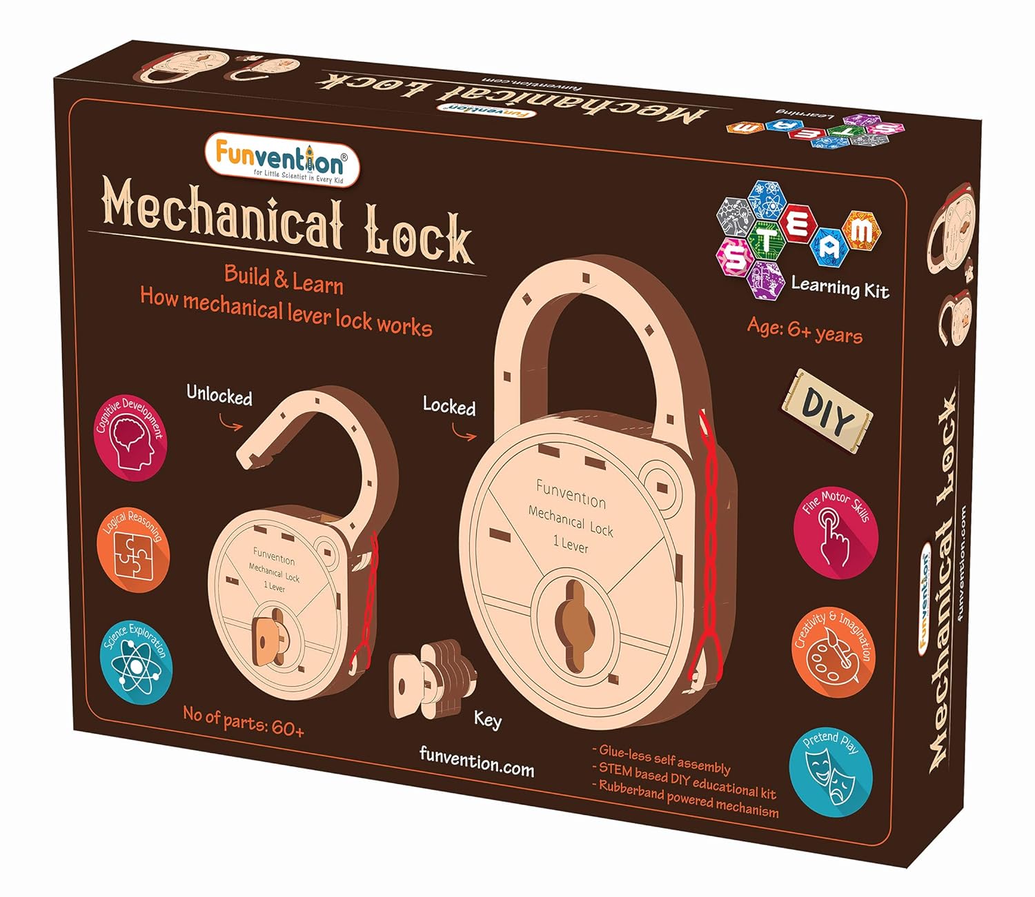 Funvention- For Little Scientist In Every Kid Fantasy Build Working Lock Yourself Diy Mechanical Lock With Key Stem Learning Utility (Multicolor)
