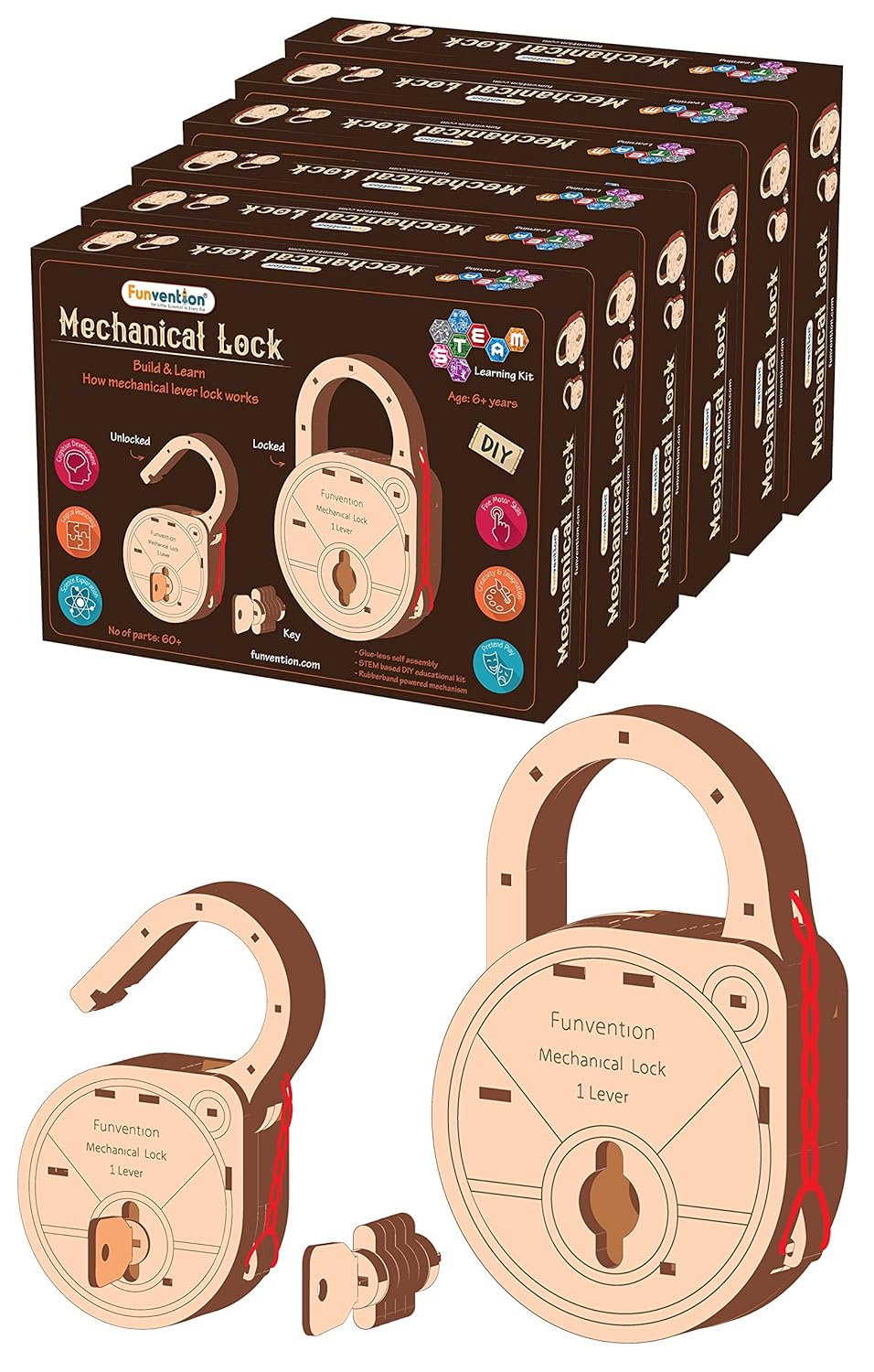 Funvention DIY Mechanical Lock with Key (Pack of 6) - Build Working Lock Yourself - STEM Learning Birthday Return Gifts Party Pack of 6