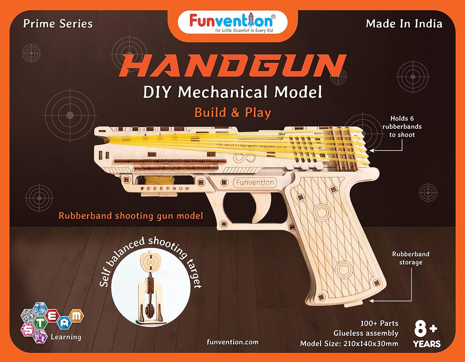 Funvention- for Little Scientist in Every Kid FUNVENTION Handgun - DIY Functional Mechanical Model STEM 3D Puzzle Lerning Kit Collectible Building Kit with rubberband Shooting & Storage,Pack of 1