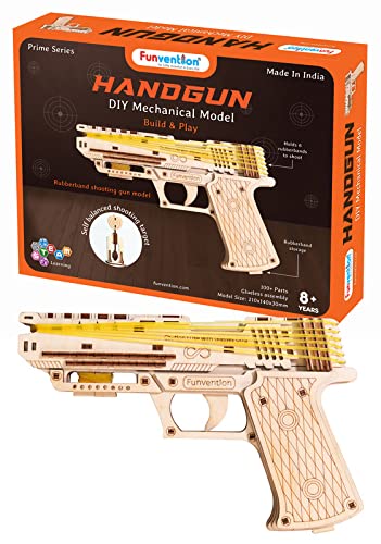 Funvention- for Little Scientist in Every Kid FUNVENTION Handgun - DIY Functional Mechanical Model STEM 3D Puzzle Lerning Kit Collectible Building Kit with rubberband Shooting & Storage,Pack of 1