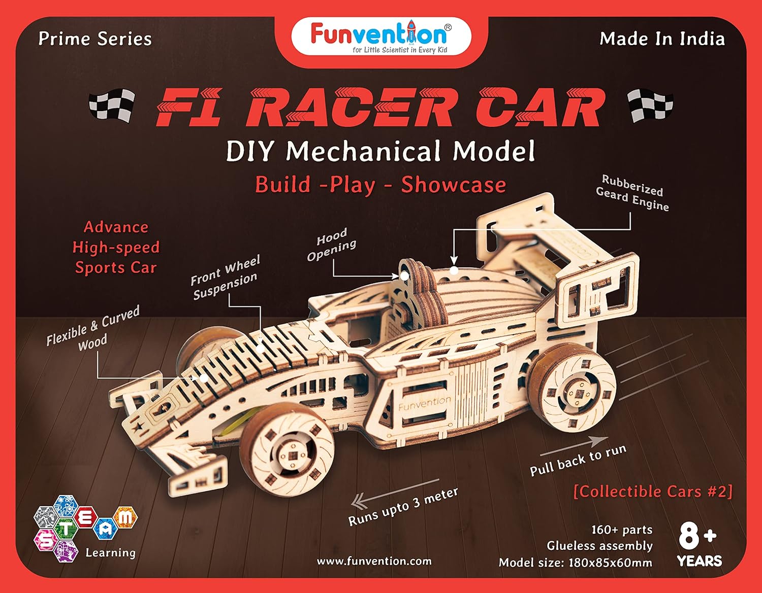 Funvention- for Little Scientist in Every Kid FUNVENTION F1 Racer Car - DIY Functional Mechanical Model 3D Puzzle STEM Lerning Kit Collectible Cars Building Kit with Working Wheels & Shocks Pack of 1