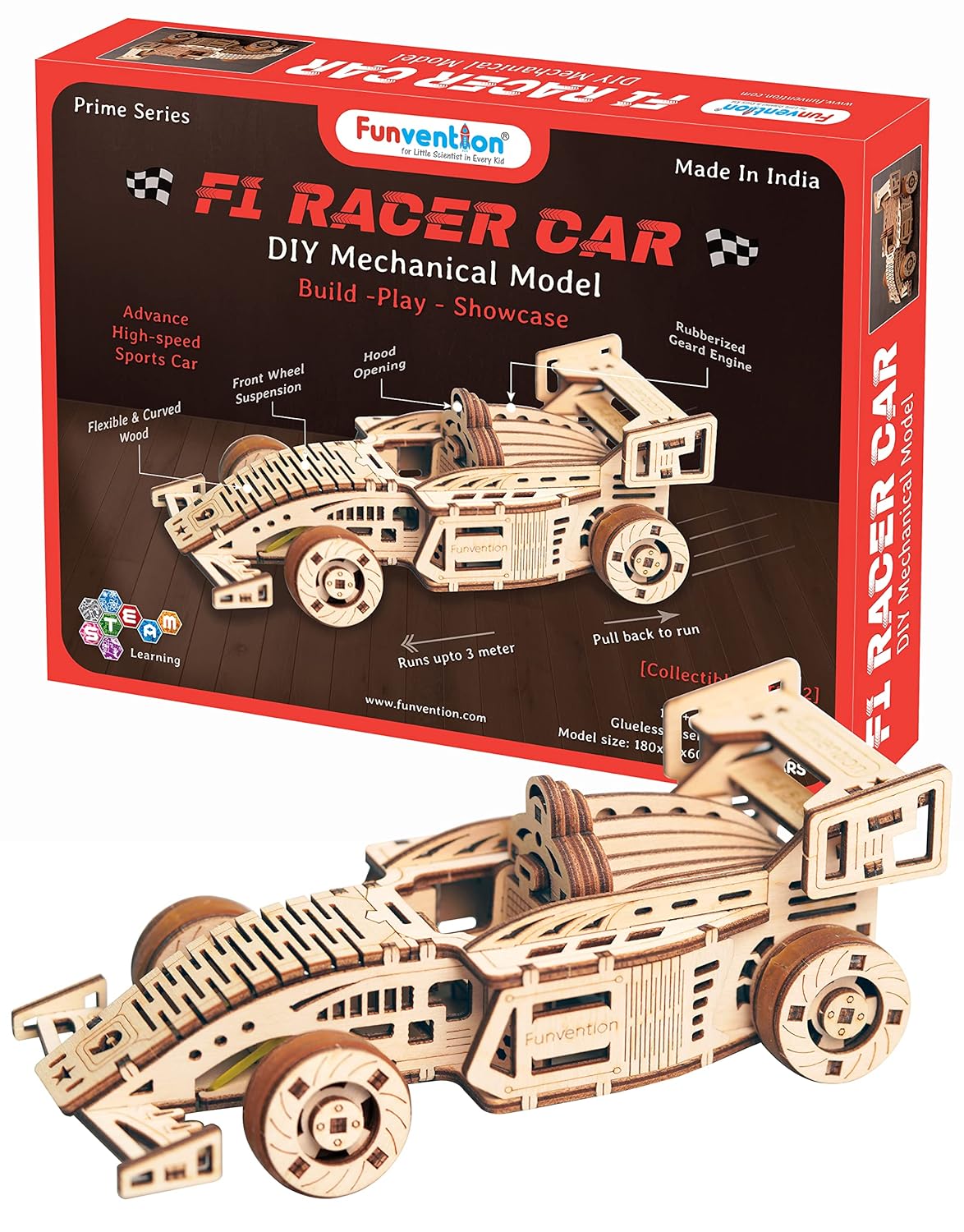 Funvention- for Little Scientist in Every Kid FUNVENTION F1 Racer Car - DIY Functional Mechanical Model 3D Puzzle STEM Lerning Kit Collectible Cars Building Kit with Working Wheels & Shocks Pack of 1